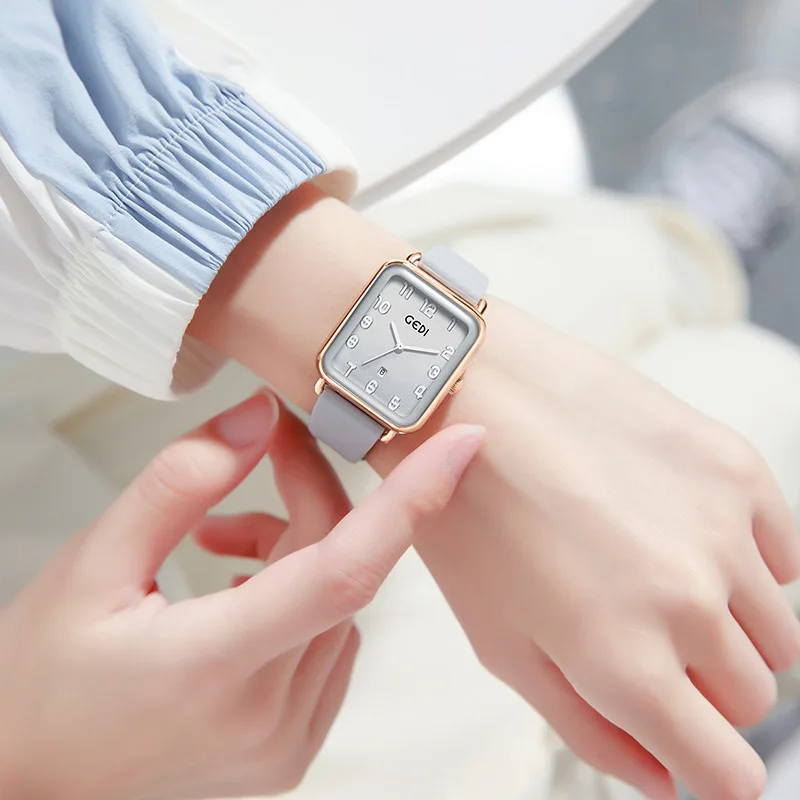 Fashion Gedi Middle School Students' Silicone Simple High Aesthetic Square Women's Compact And Exquisite Calendar Quartz Watches