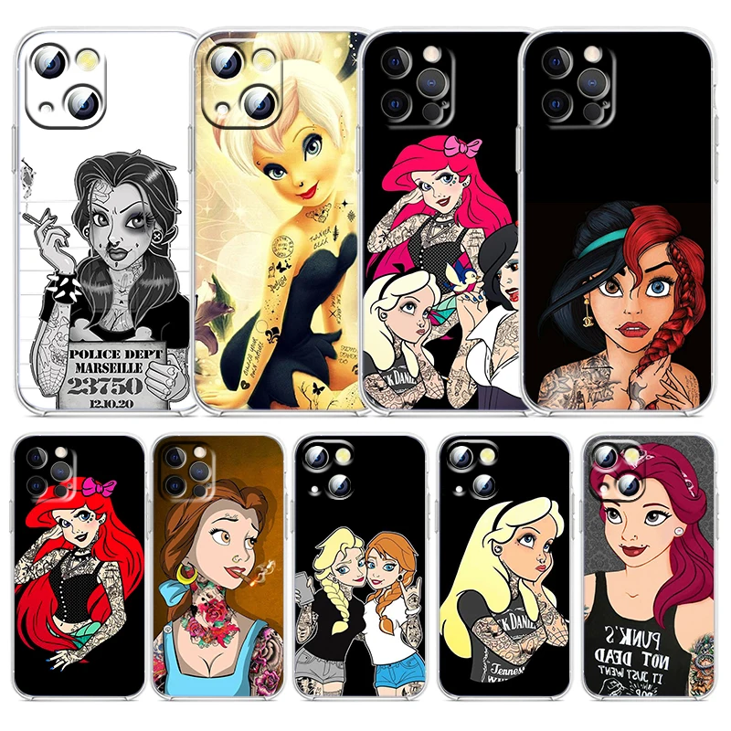 

Disney Gril Princess Tattoo Phone Case For Apple iPhone 14 13 12 Mini 11 XS Pro Max X XR SE 2020 8 7 Plus Transparent Cover