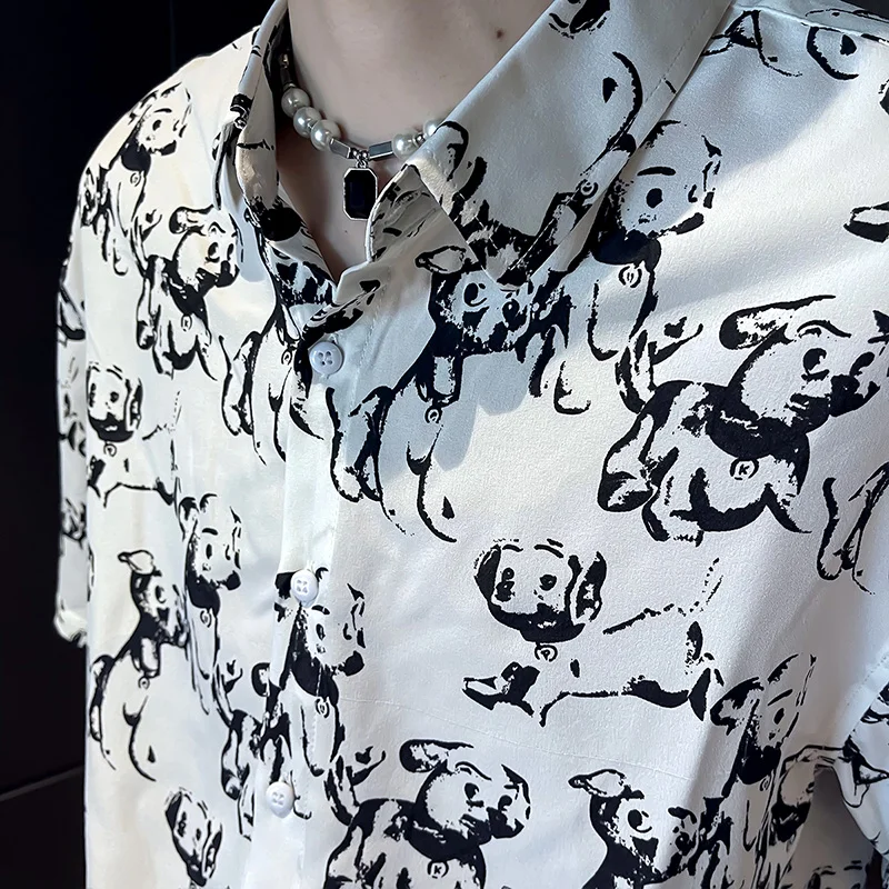 Fun Cartoon Print Shirt Men 2022 Summer Short Sleeve Slim Casual Shirt Loose Streetwear Oversized Tops Social Party Men Clothing