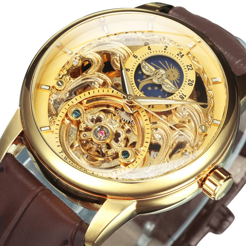 

WINNER Luxury Engraved Skeleton Automatic Mechanical Watch for Men Luminous Moon Phase Tourbillon Watches Leather Strap relogio