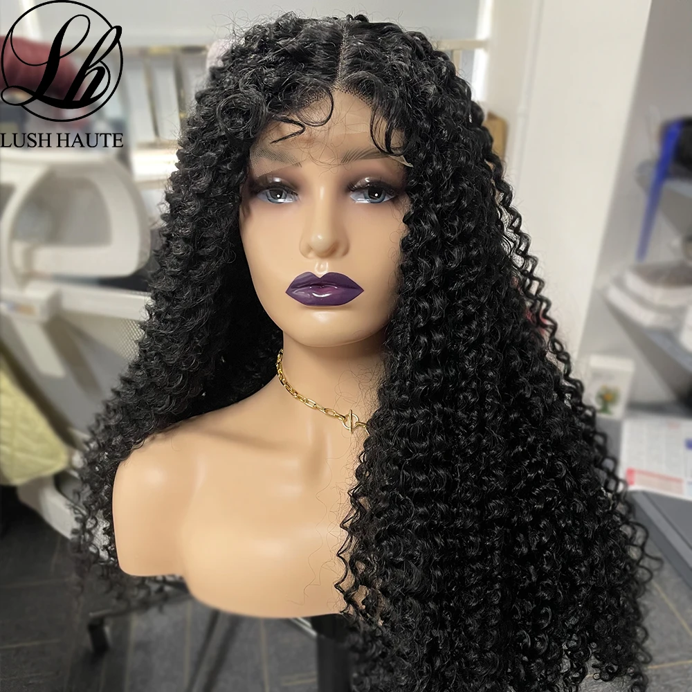 

Kinky Curly Lace Wigs Synthetic T Part Lace Wigs 180% Density Natural Black Glueless High Temperature With Baby Hair For Women