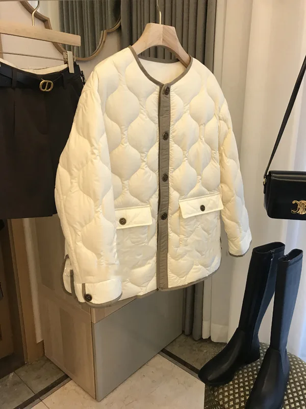 Loose profile sense large pocket patchwork color embossed round collar cotton jacket female coats for women