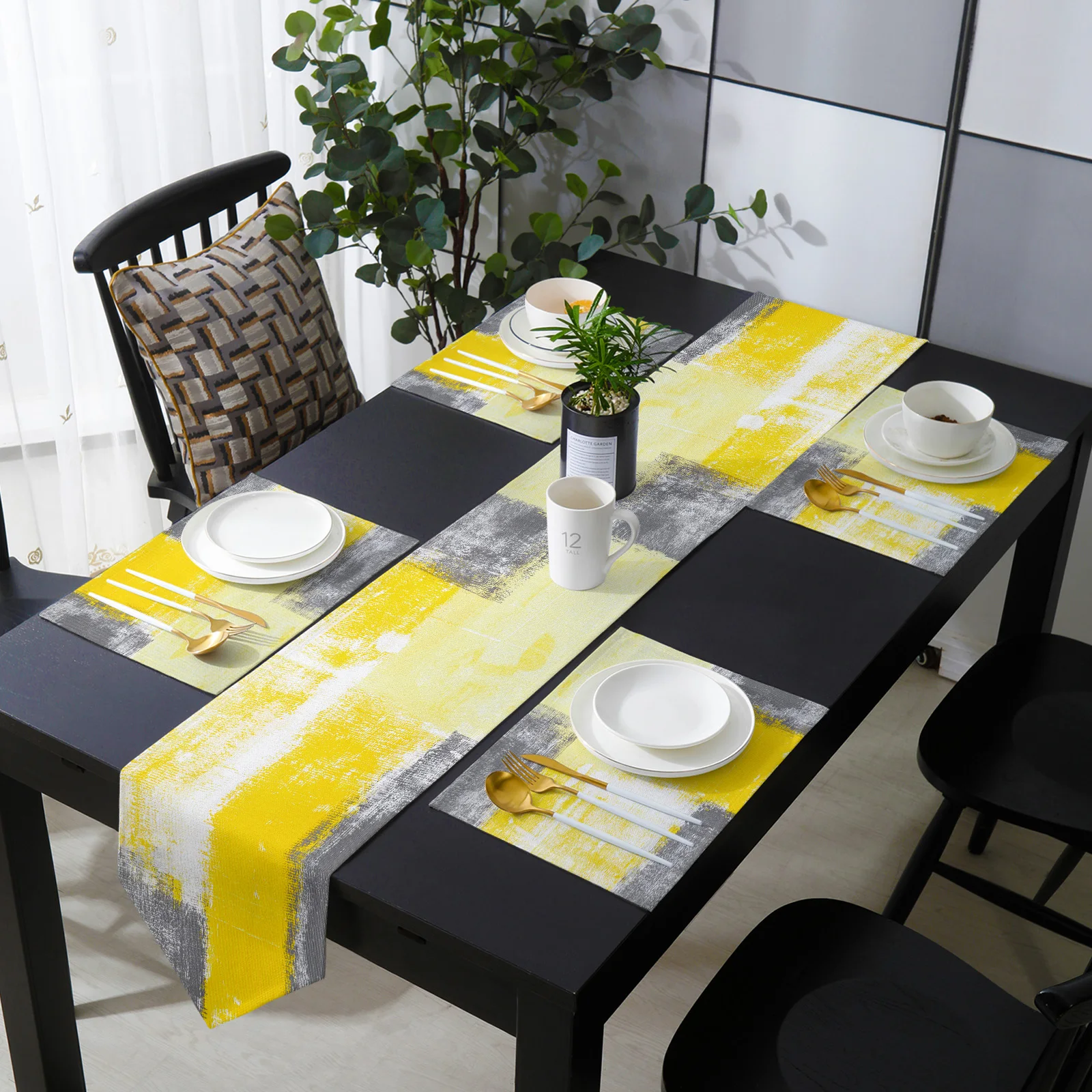 Mantel Individual amarillo con diseño geométrico abstracto, tapete para mesa de comedor, decoración para el hogar y boda