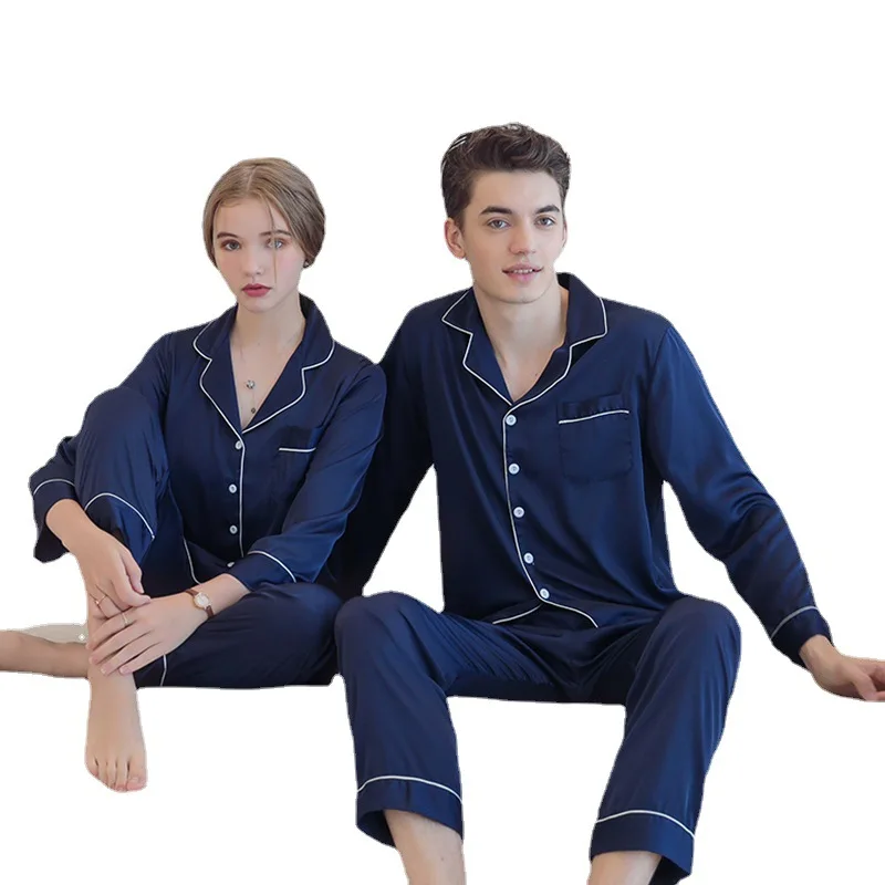 Ice Silk Couple Pajamas Women's Spring and Summer Long Sleeve Cardigan Lapel Set Fashion Large Size Loungewear Men Sleepwear