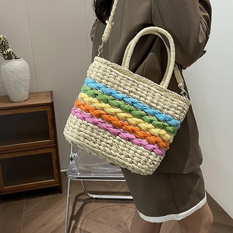 Летняя женская модная пляжная сумка-тоут радужная соломенная плетеная Сумка