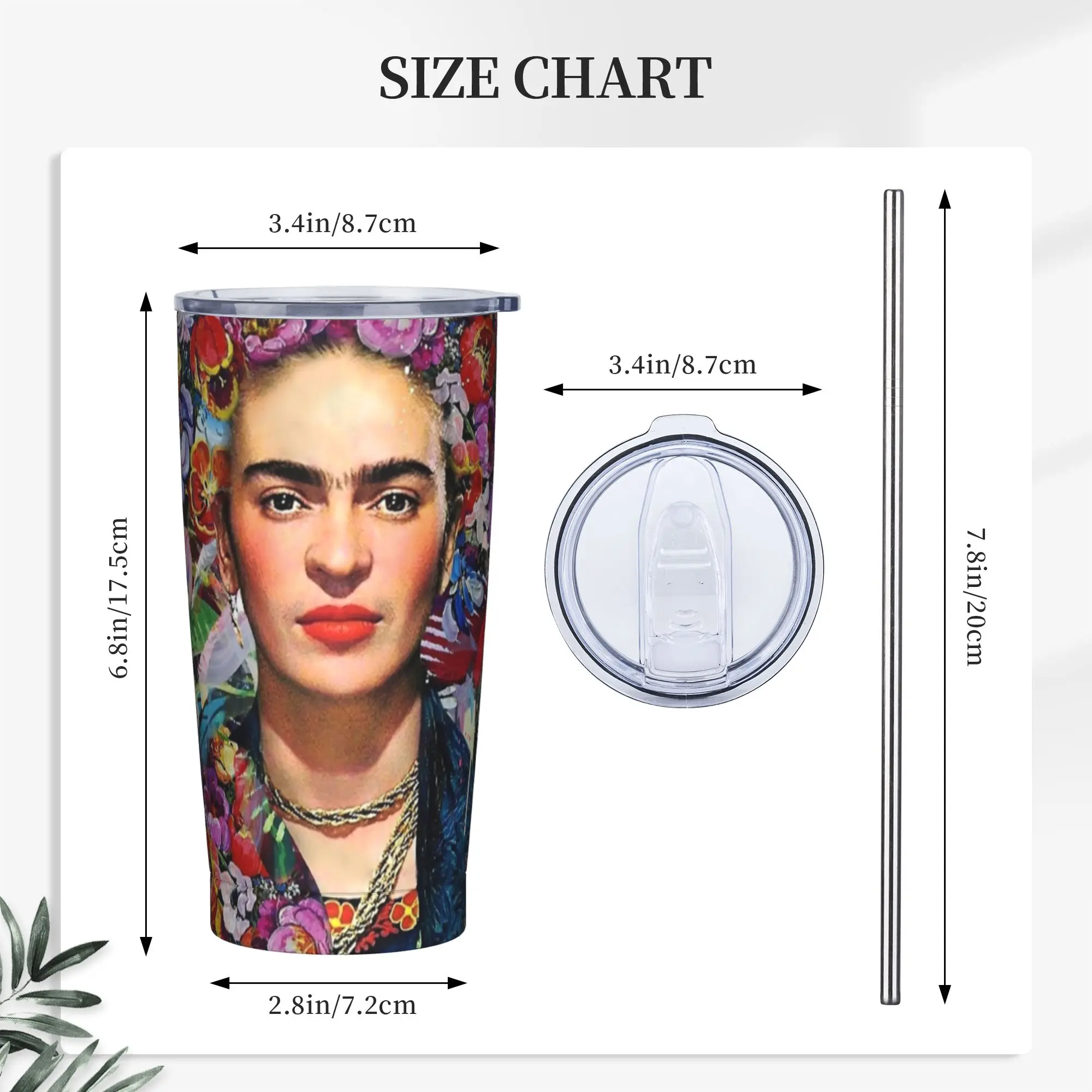 Фото Термокружка F-Frida K-Kahlo с вакуумной изоляцией, крышкой и соломинкой, для горячих и холодных напитков, 20 унций №2