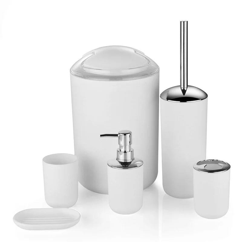 6pcs Plastic Bathroom Accessories Sets Toilet Brush Soap Dish Toothpaste Dispenser Swing Lid Trash Washable for Bath Accessories