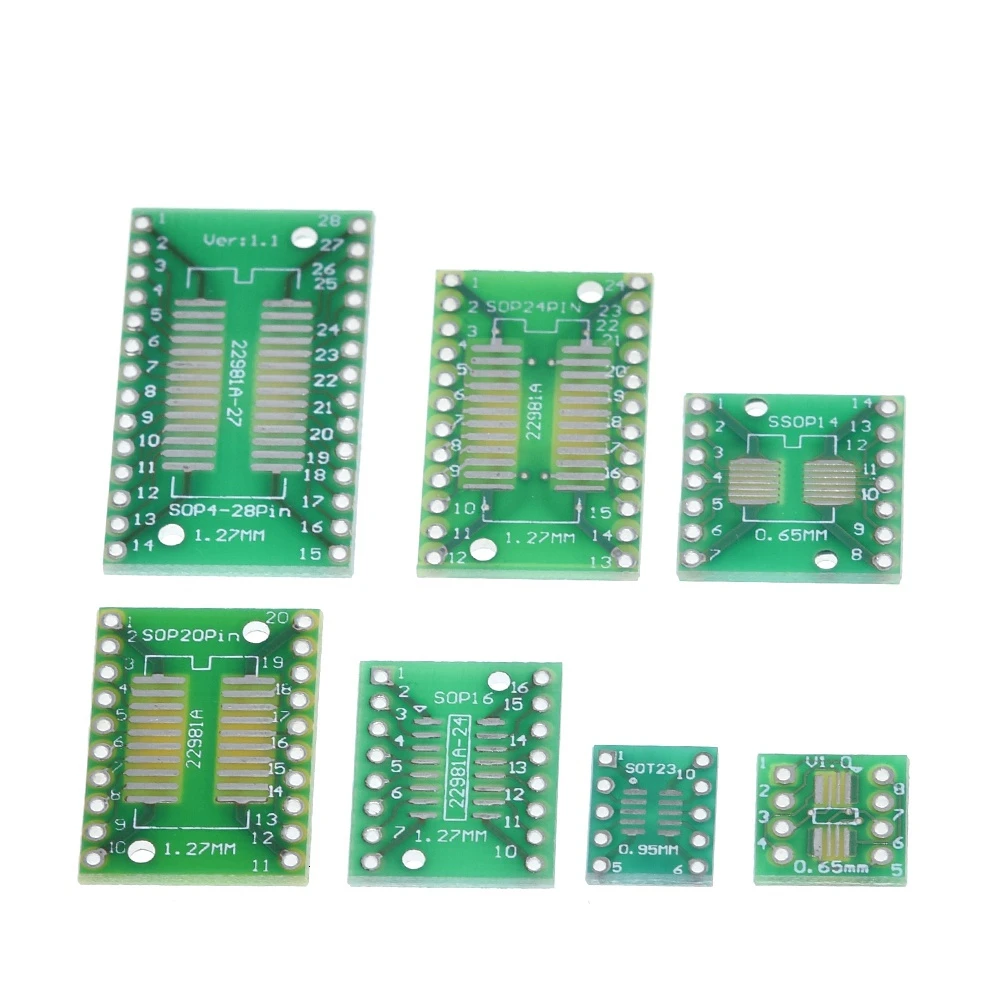 Produktbild von 35-teiliges Adapter-Modul-Set Für SMD-Lötarbeiten – SOP, MSOP, SSOP, TSSOP, SOT23, DIP, 8–28 Pins, Grün