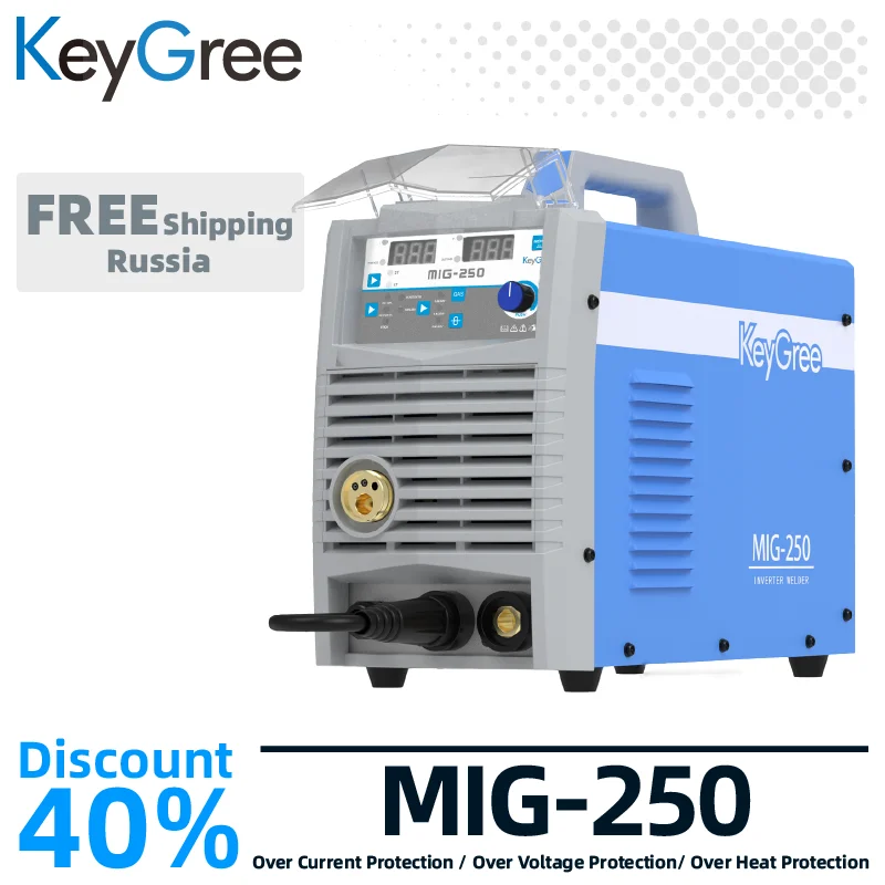 Keygree-soldador de hierro monofásico MIG250 Amp, 220V, CO2 sinérgico portátil, máquina de soldadura MIG sin Gas y Gas