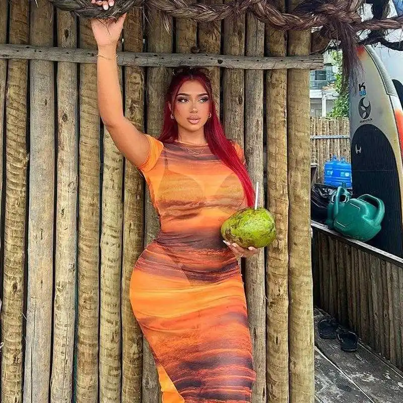 

Wind Summer Sheer Mesh Dress Gradient Color Printed Round Neck Short Sleeve Sheath Split Beach Trendy Women