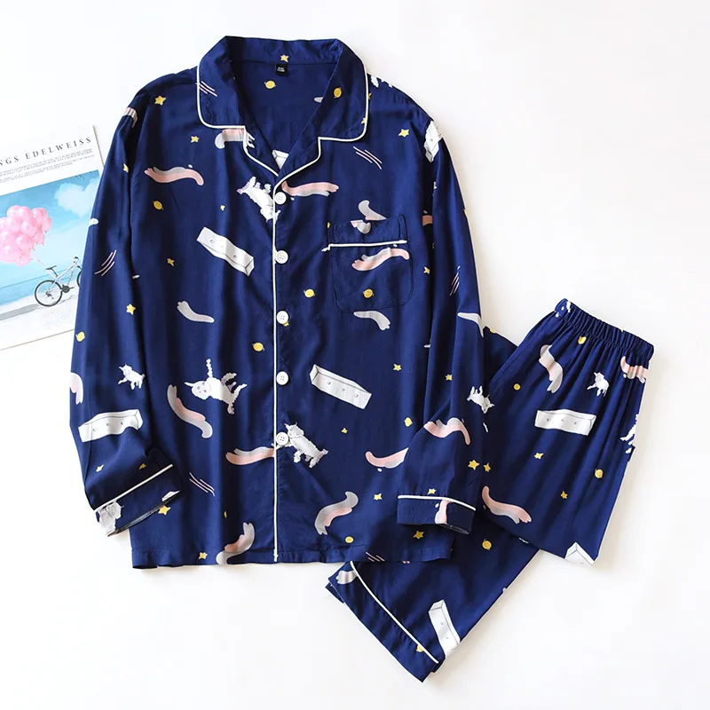 

Pajamas Long-sleeved Trousers Two-piece 100% Viscose Thin Print Home Service Suit Sleepwear Women Loungewear