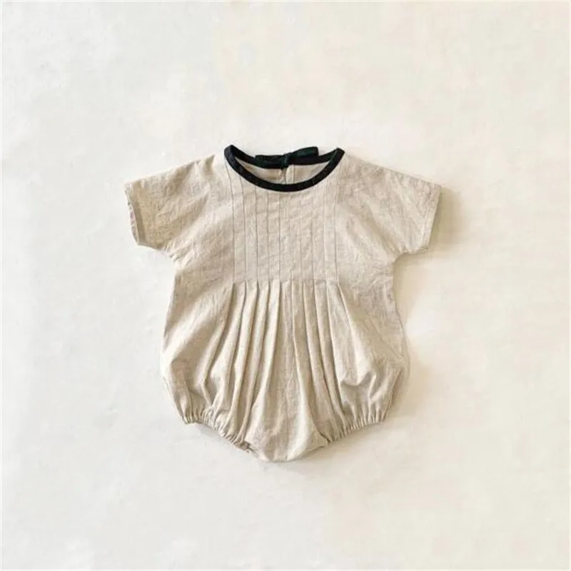 

2023 Newborn Baby Girl Summer Fashion Bowknot Bodysuit Toddler Boy Solid Cotton Linen Jumpsuit One Piece Infant Outfits