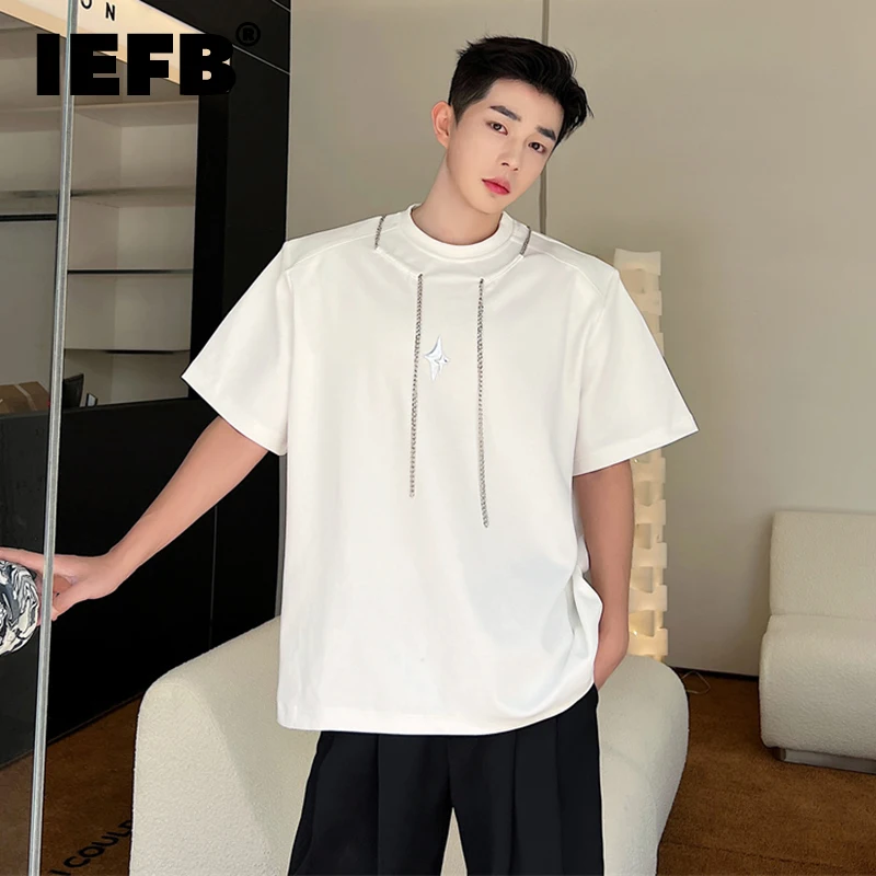 

IEFB Niche Design Men Casual T-shirts Korean Style Fashion Metal Chain Decoration Shorts Sleeve Tee Male Shoulder Pad Tops 9C887