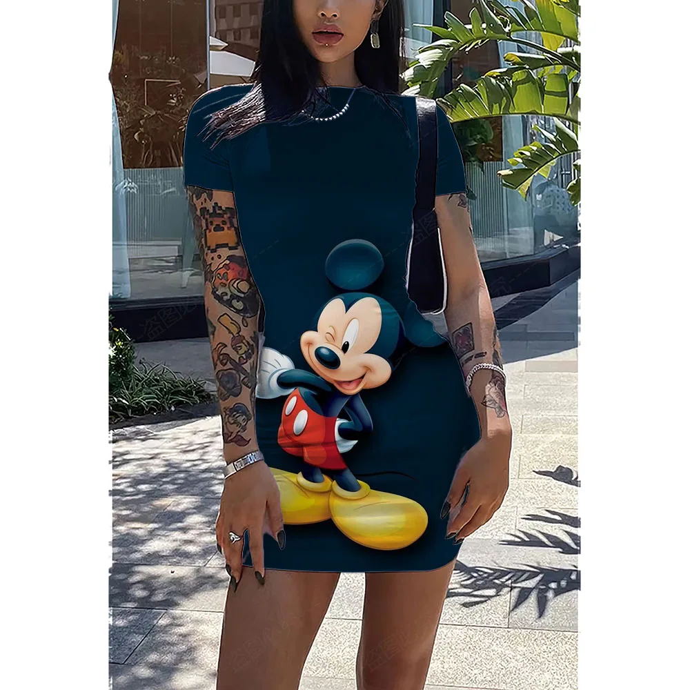 

Disney Mickey Mouse Minnie Summer Round Neck Short Sleeve Pencil Dress Women's Hand-painted Spice Girls Bag Hip Skirt Women 2022
