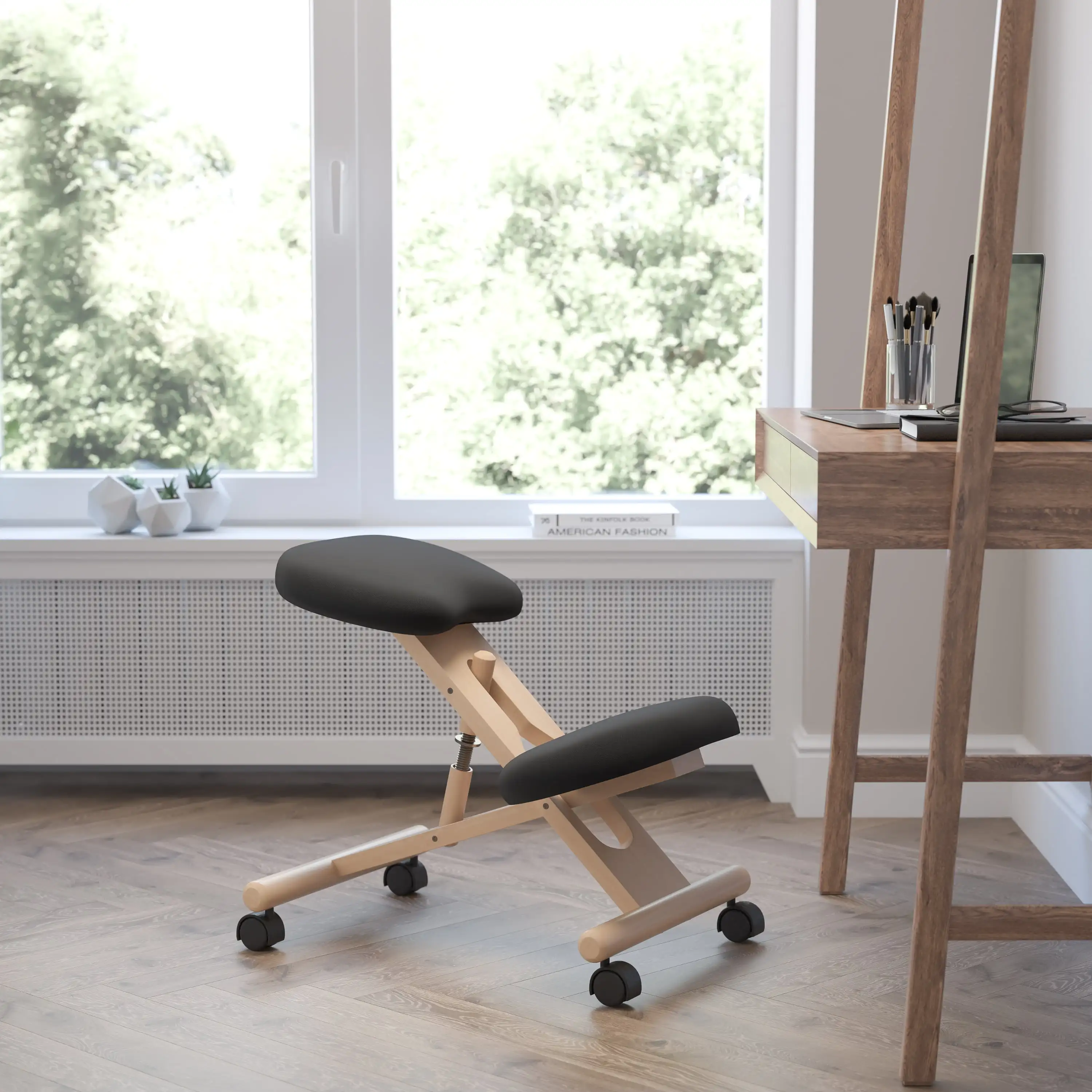 

Mobile Wooden Ergonomic Kneeling Office Chair in Black Fabric