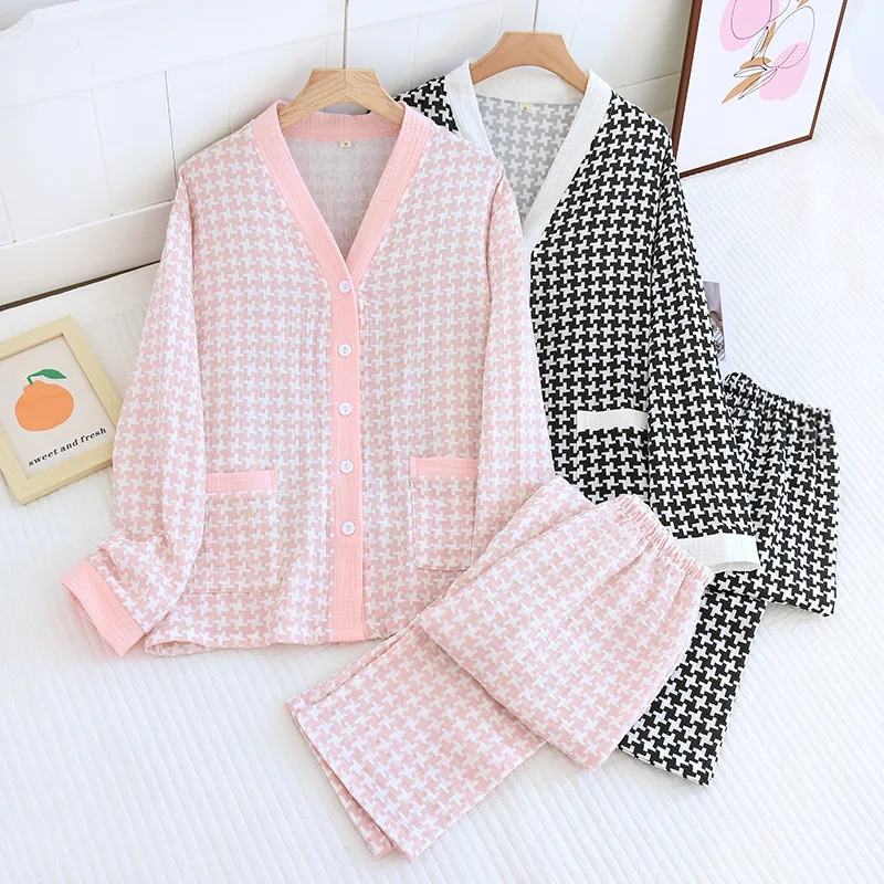 

2023 Double-layer Cotton Yarn Household Clothes Crepe Long-sleeved Trousers Pajamas Casual Breathable Plus Size Pijama Mujer