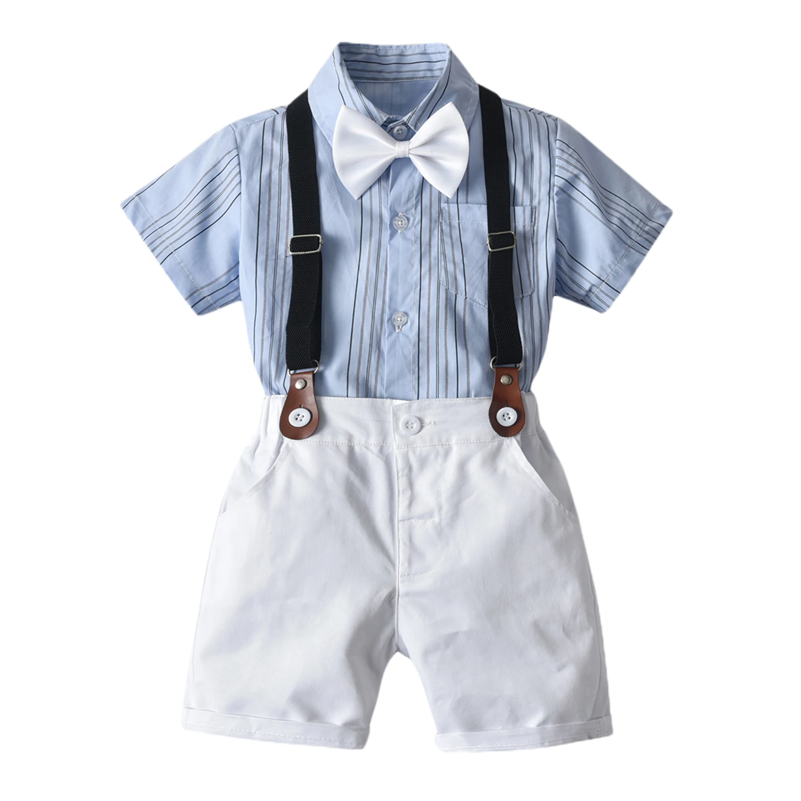 

Kids Baby Boys Clothing Two-Piece Gentleman Outfit Short Sleeve Turn-Down Collar Striped Shirt Solid Color Suspender Short Pants