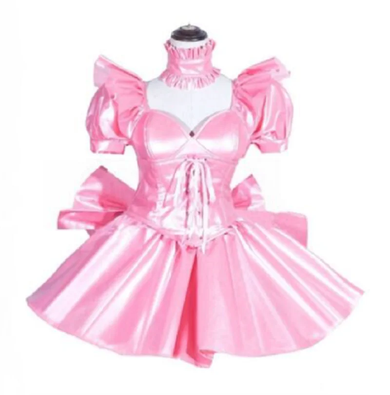 

2023 New Corset Tight Pink Sissy Maid Girl Lockable Satin Dress Cos Costume By Cosplay Costume By