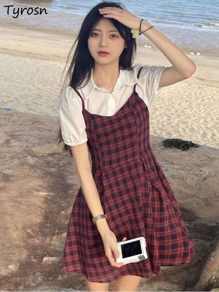 

Платья женские в стиле пэчворк с имитацией 2 шт. Милые простые повседневные в Корейском стиле в стиле преппи летние праздничные стильные мин...