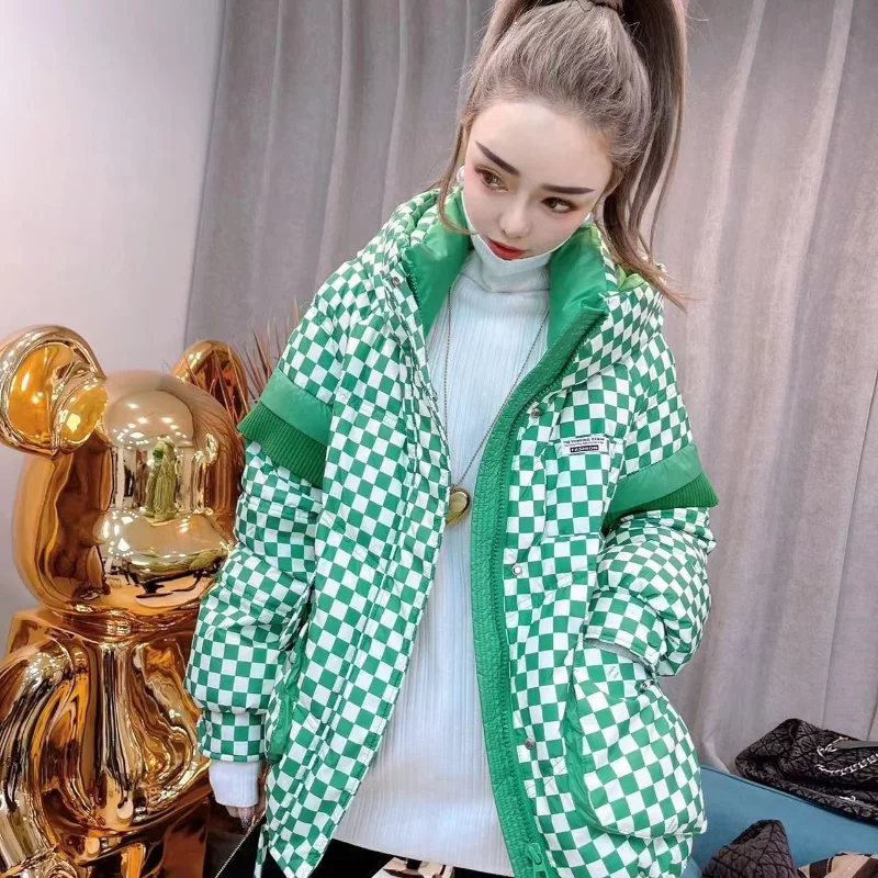 Winter New Women Hooded Down Jacket Design Sense Casual Loose Light White Duck Meat Padded Jacket Plus Velvet Warm Plaid Coats
