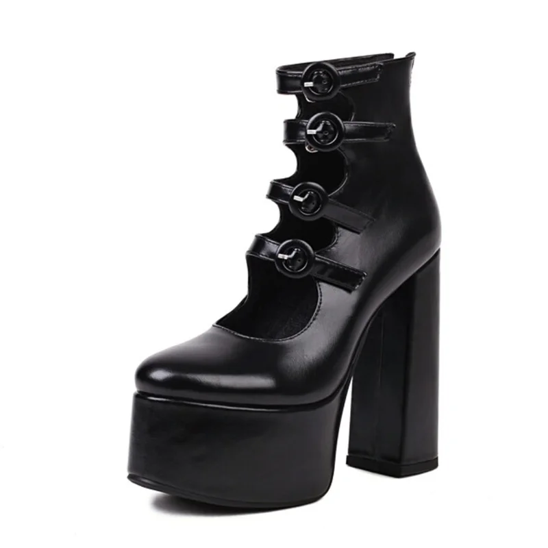 

Women Boots,2022winter, Fashion Sweet Hollow Buckle Thick High Heel Platform Boots, Luxury Designer Shoes, Girl, Black, Big Size