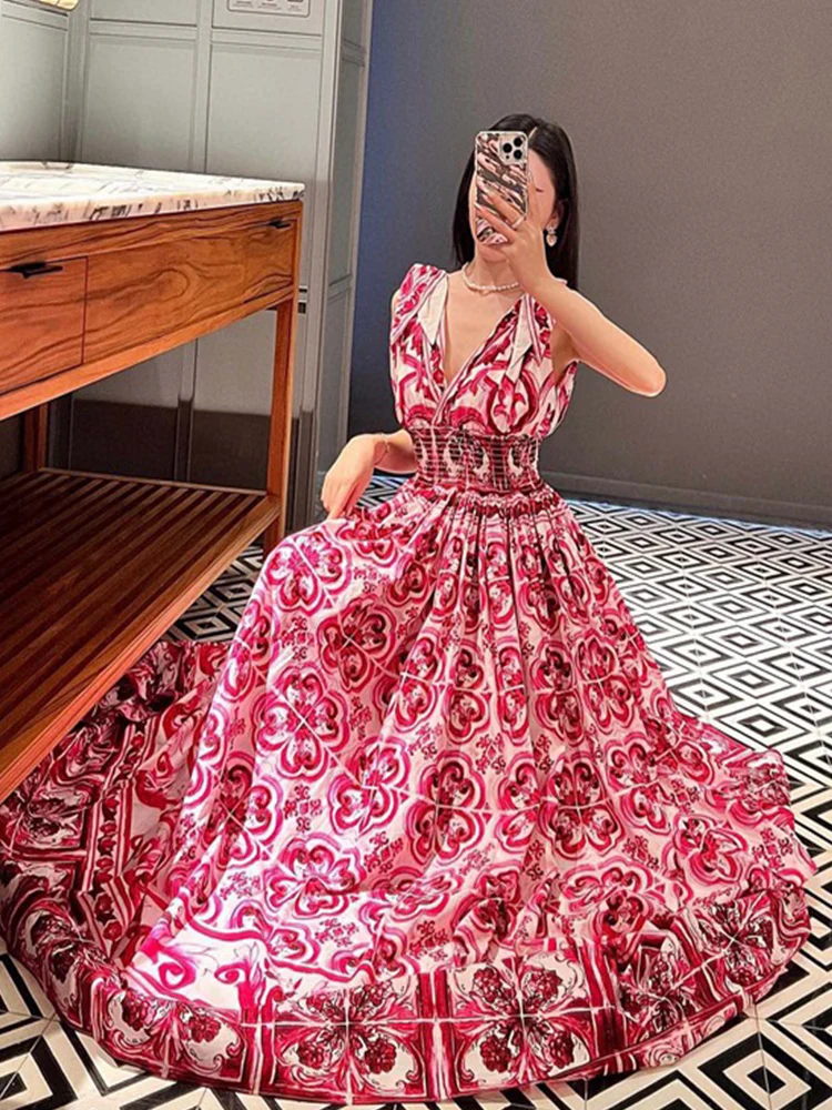 Роскошное ретро-принтное сексуальное модное платье с v-образным вырезом и