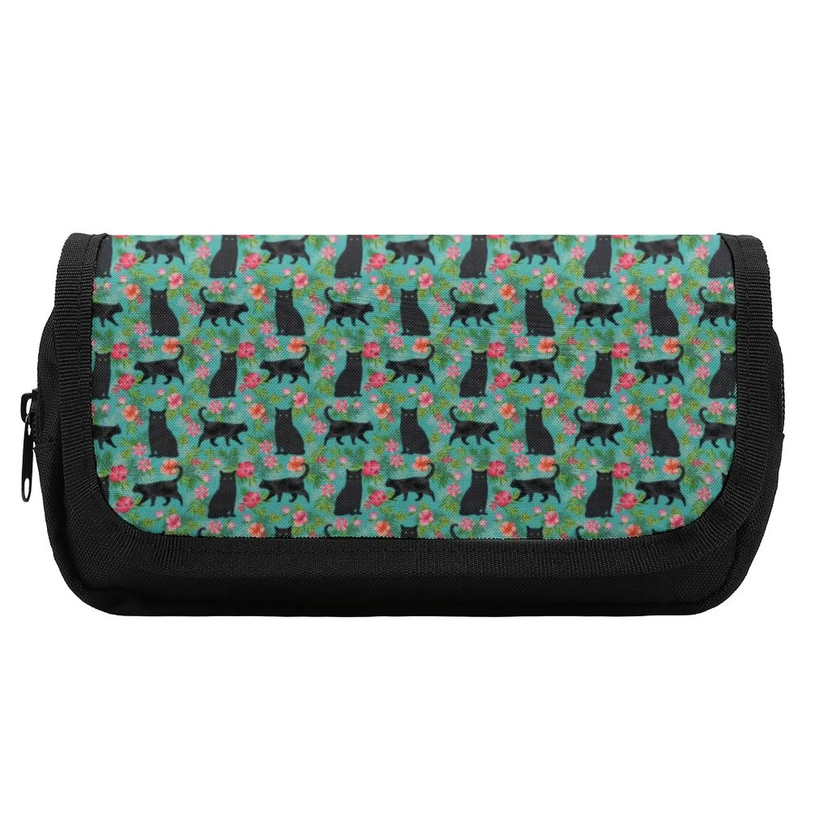 Black Cat Pencil Case Hawaiian Print Back to School Double Pockets Pencil Box Print Cool Pen Bags