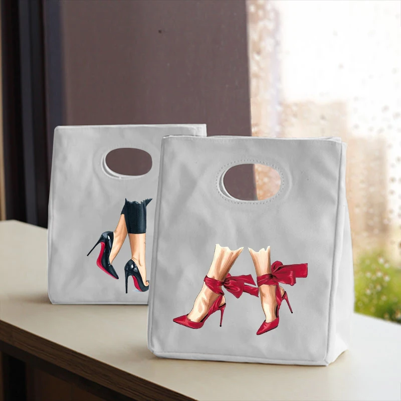Fashion Girl Lunch Bag Insulated Canvas Lunch Box PicnicTote Bag Portable Insulated Small Tote Dinner Container Food Storage Bag