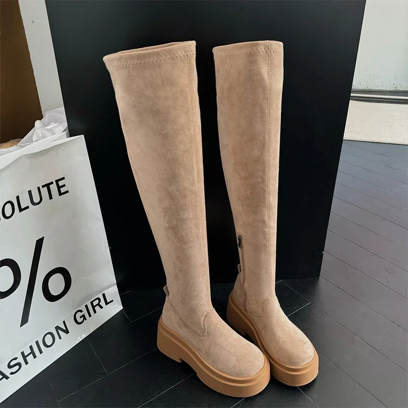 Женские замшевые высокие сапоги на платформе Сапоги выше колена высоком каблуке
