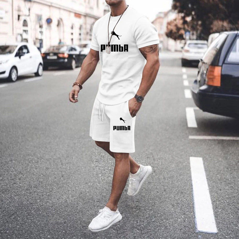 Ensemble T-shirt et short en coton à manches courtes pour hommes, mode de loisirs, sport, marque, imprimé LOGO, chaud, été, 2023