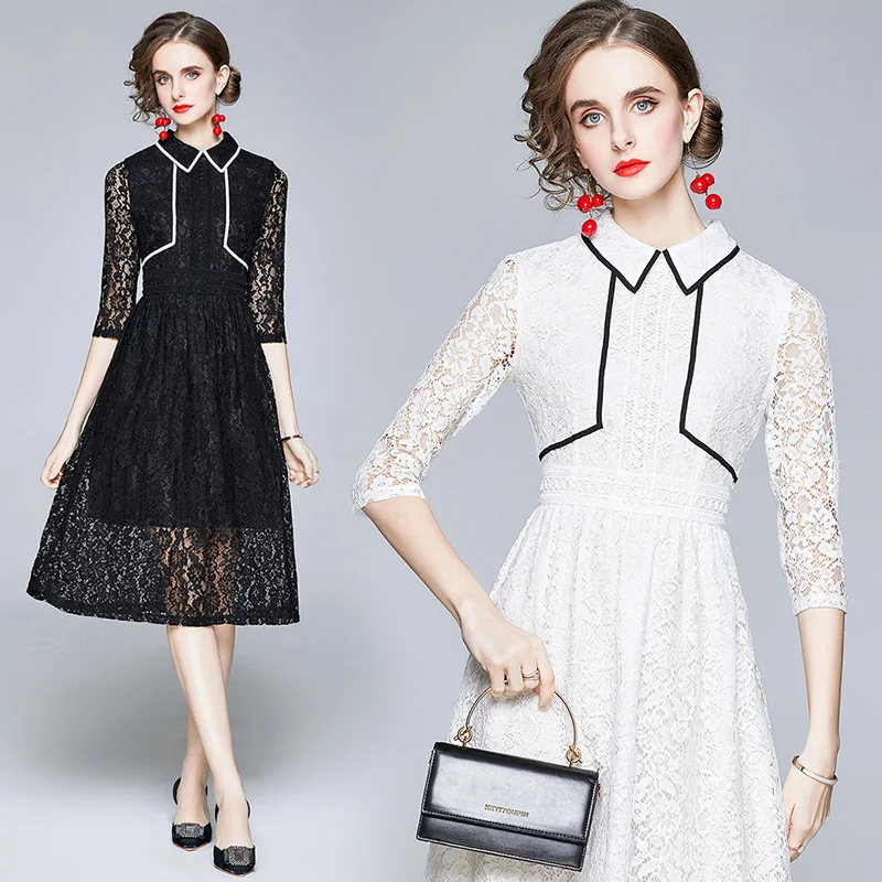 

Женское модельное Платье-туника с цветочной вышивкой, элегантное ТРАПЕЦИЕВИДНОЕ кружевное офисное платье во французском стиле для вечерние, черное или белое, на лето