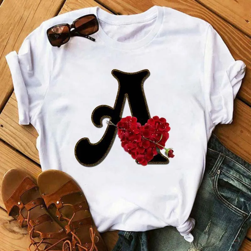 

Custom Name Letter Combination Women T Shirt Rose Flower Letter Font A B C D Print Short Sleeve Tee Tops Female T-shirt Clothes