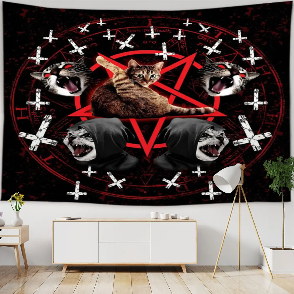 

Viking Mystery Symbols Cat Tapestry Kawaii Wall Hanging Cat Lion Psychedelic Animal Tapestry Background Ceiling Home Decoration