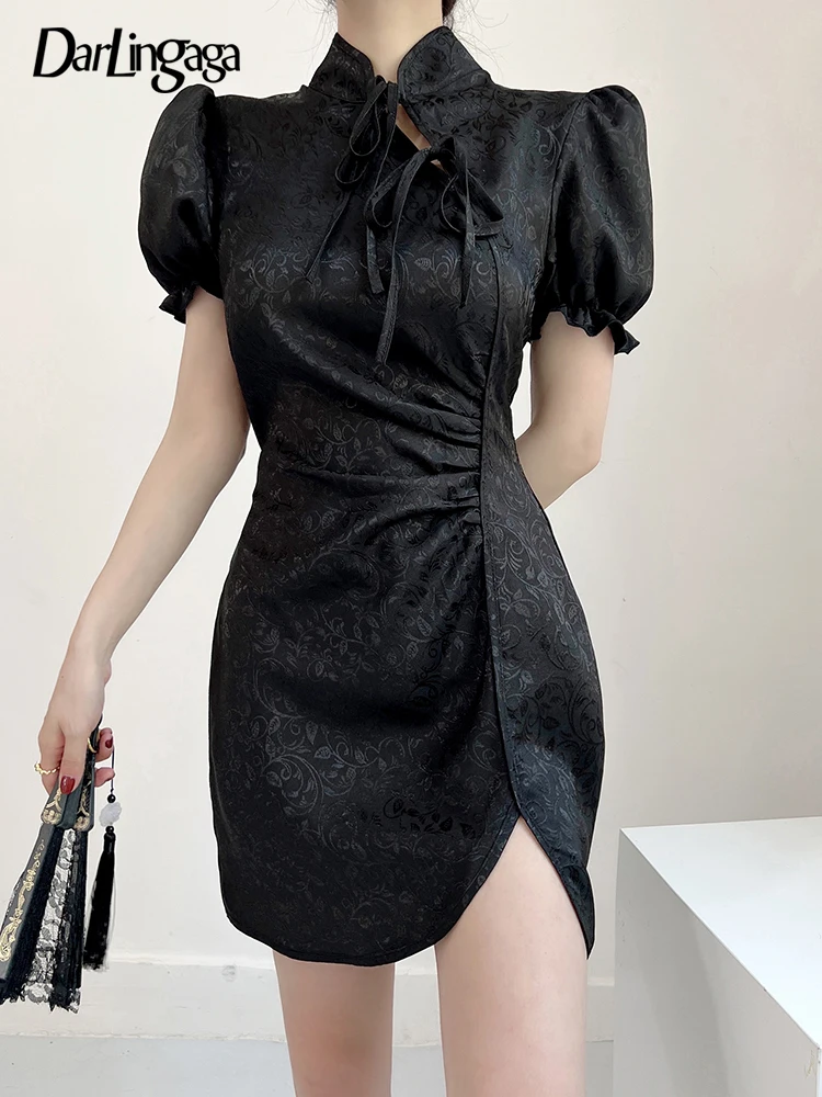 

Darlingaga Asymmetrical Vintage Fashion Black Jacquard Party Dress Lace Up Ruched Chinese Cheongsam Summer Female Dress Sundress