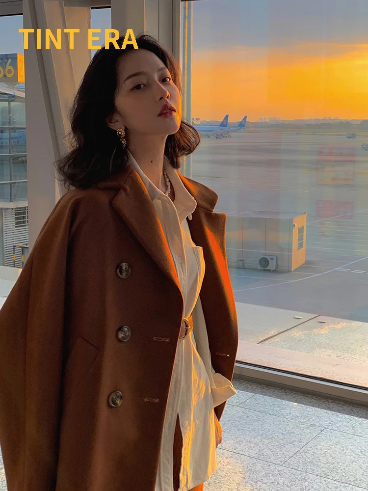 

TINT ERA Trend Hong Kong Style Design Autumn Winter New Retro Double Row Button Woolen Coat With Cotton Loose Women's Jacket
