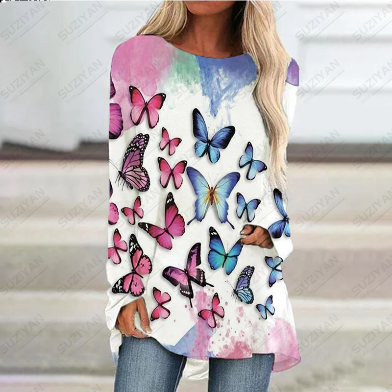 

2023 New Women's Raglan Sleeve Dress with Butterfly Pattern Printing Casual Elegant Women's Round Neck Long Sleeve Loose Fit Top