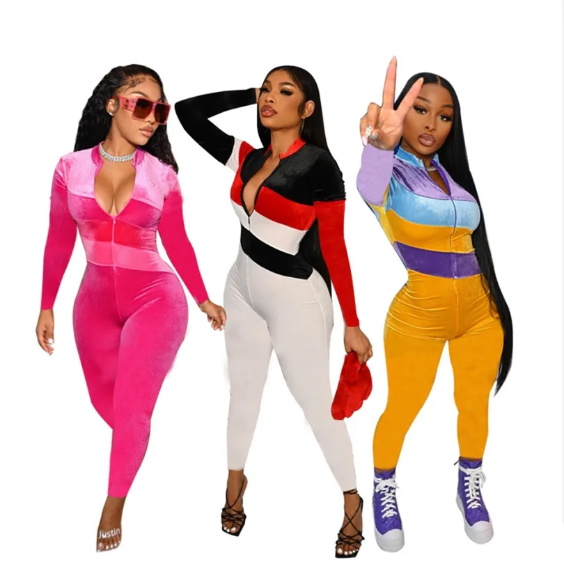 

Fall Winter Velvet Jumpsuits Patchwork Women Rompers Velour Outfits One Piece Pants Sets Overalls Fashion Female Clothing 5849