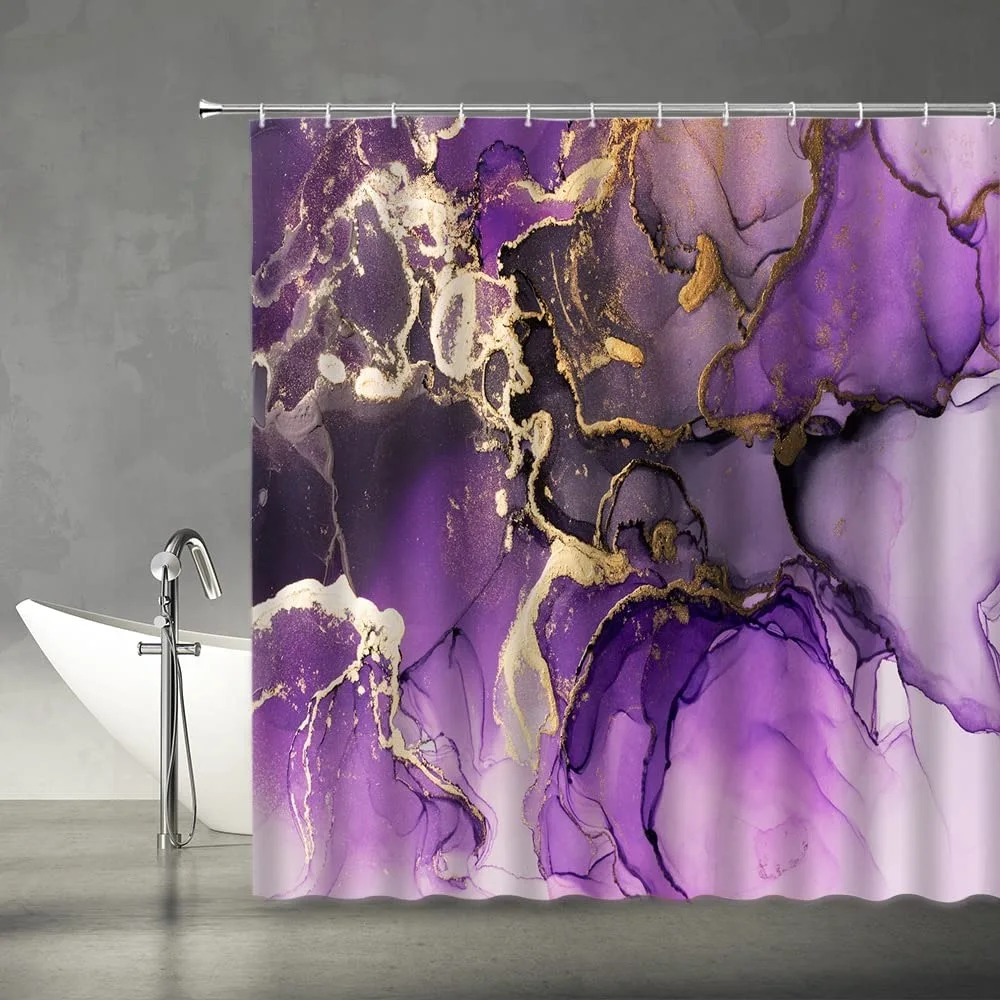 

Luxury Elegant Purple Marble Shower Curtain Lavender Ombre Abstract Watercolor Ink Waterproof Bath Curtains Bathroom with Hooks