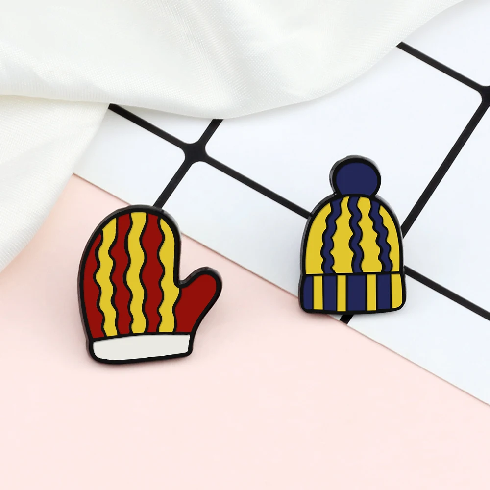 Милая синяя красная полосатая шляпа перчатки эмалированные булавки для женщин и