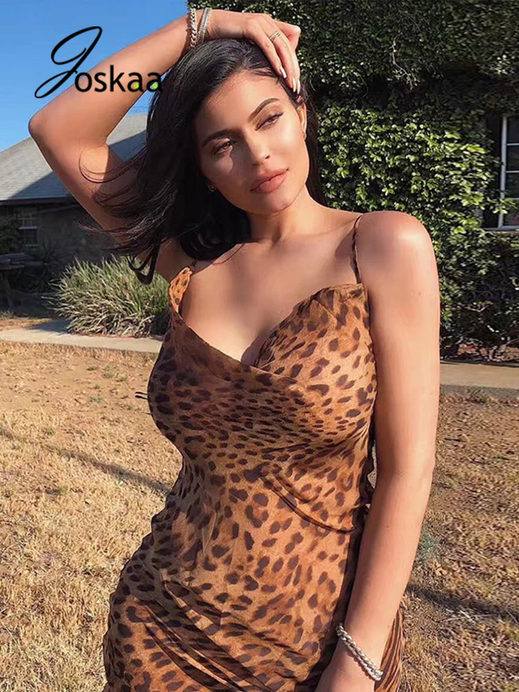 

Joskaa Spaghetti Strap Sleeveless Summer Sexy Streetwear 2021 Holiday Long Vacation Leopard Printed Backless Dress For Women