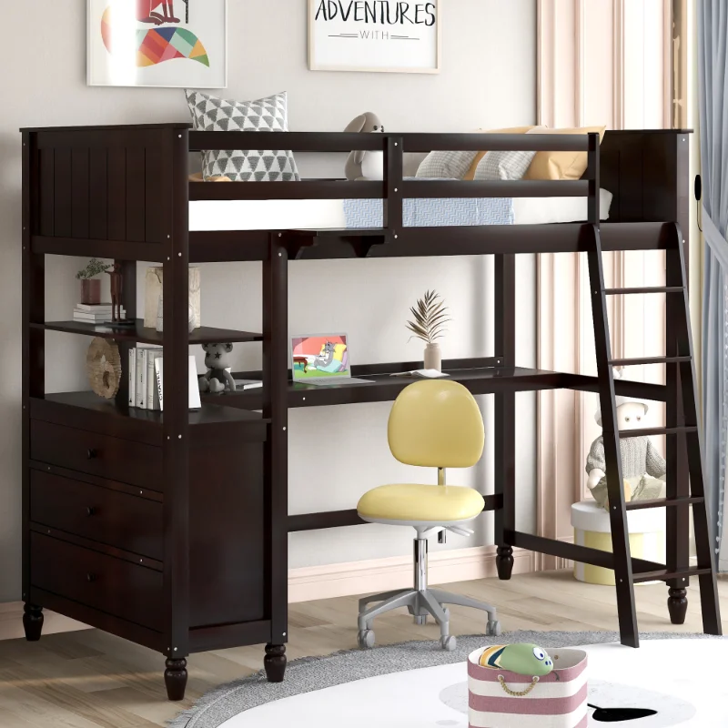 

Double Elevated Bed with Drawer and Desk Wooden Elevated Bed with Shelf Multi Functional Healthy and Comfortable Solid Wood