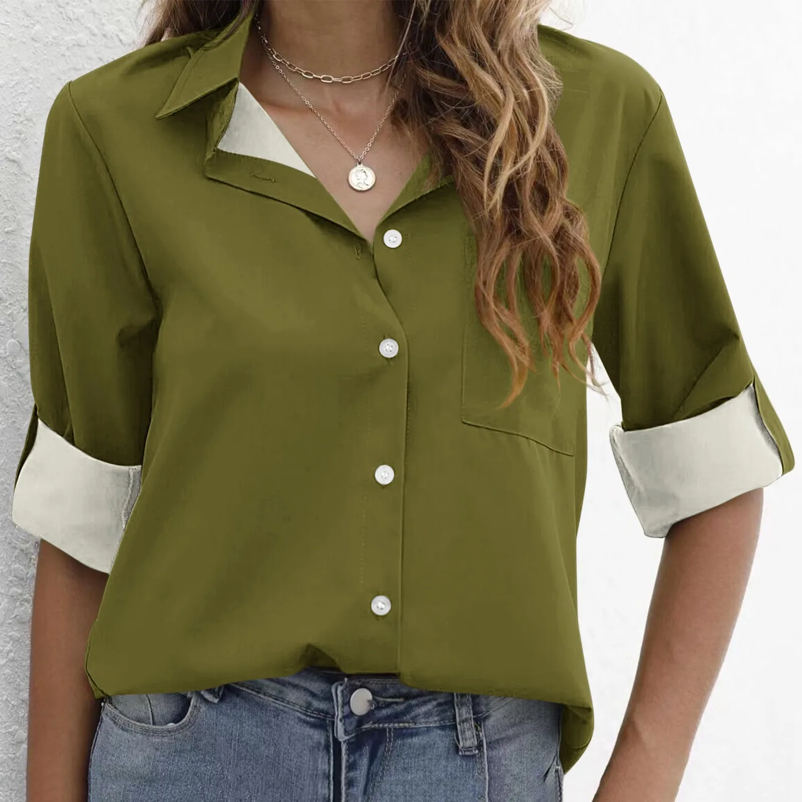 

Leisure Contrast Color Shirts Button Lapel Cardigan Top Lady Loose Roll Up Long Sleeve Oversize Shirt Womens Blouses Blusa Mujer