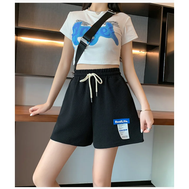 Plus Size Waffle Women Shorts Summer Thin 2023 New Womens Clothing Loose Straight Casual Wide Leg High Waisted Shorts Femme