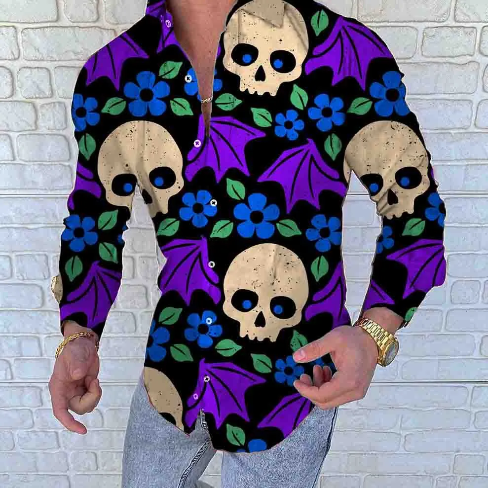 Men's Long Sleeve Shirt Vintage Harajuku Hip Hop Shirt Skull Print Punk Goth Cardigan Spring 2022 Hawaiian Brand Shirt S-3XL