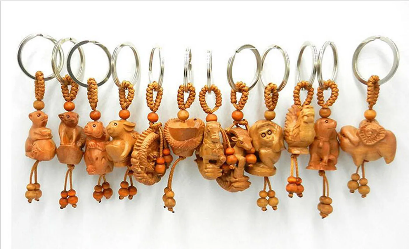 DHL200pcs Chinese Style 3D Wooden Carving Artwork  Zodiac Charms Keychain Fashion Backpack Chain Pendant