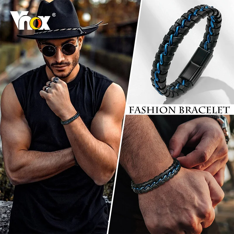 

Vnox Casual Men Black Blue Braided Real Leather Bracelet Jewelry, Stainless Steel Textured Clasp Fashion Bangles Wrap Bracelet