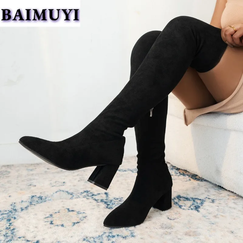 Замшевые женские сапоги выше колена с острым носком на высоком каблуке