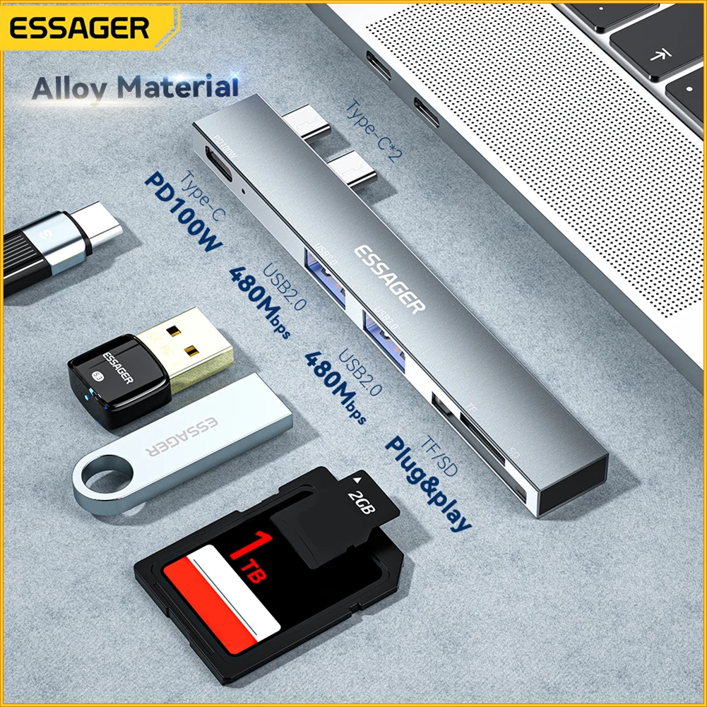 

Essager USB C Hub 5 In 1 Type C 3.1 To USB Adapter with SD/TF Card Reader PD 100W Fast Charging for MacBook Pro Laptop Computer