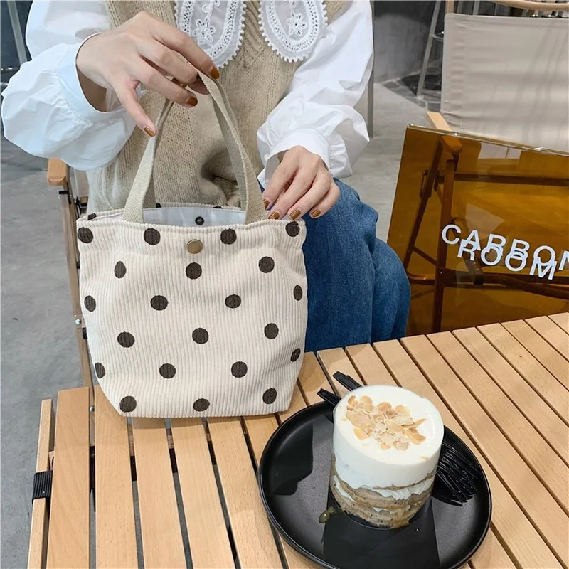 

Corduroy Retro Handbag Literary Student Point Checkerboard Lunch Bag Portable Lunch Box Mini Tote Bag Female Bolsas De Almuerzo