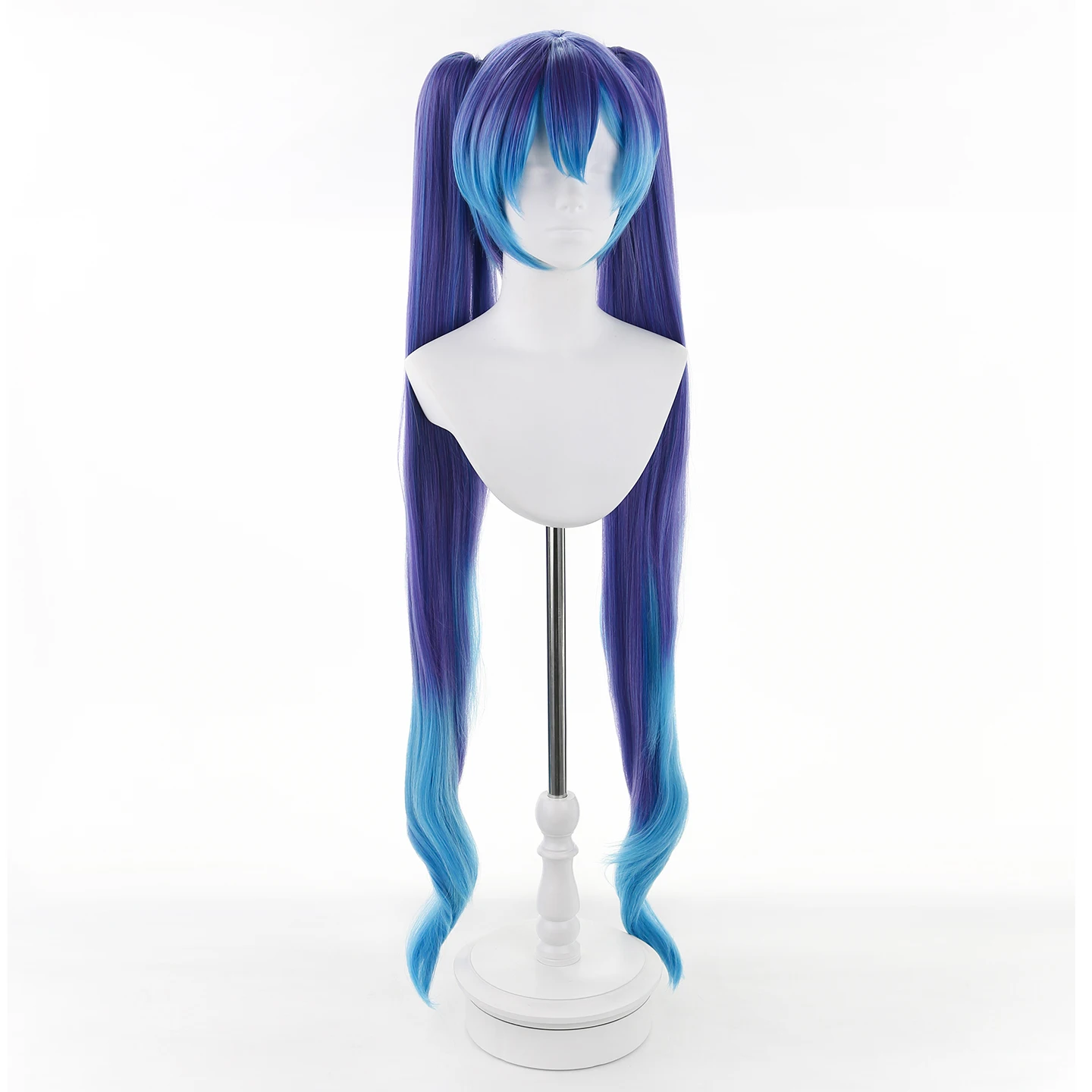 Фото Парик для косплея Project DIVA 120 см, длинный, кудрявый, сине-фиолетовый, сине-пурпурный, синтетический, со съемными хвостиками №2